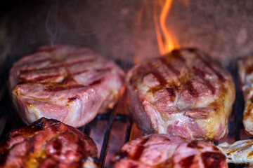 various pieces of grilled meat, grilled food.