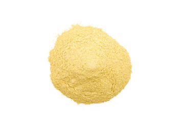 Fototapeta na wymiar Yellow cosmetic clay powder isolated on white background - top view