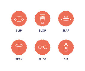 Summer skin care and sunscreen protection concept. Vector flat healthcare icon illustration set. Hat, umbrella, sunglasses, suncreen lotion, shade, water symbol. Icons of sun screen protection.