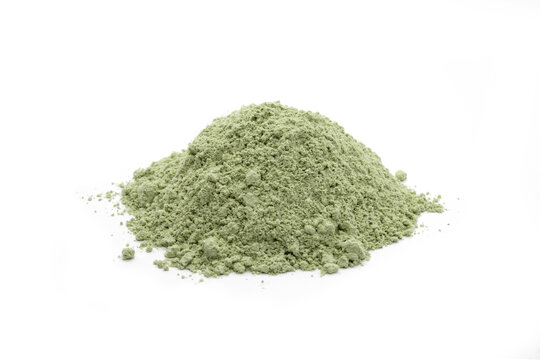 Green cosmetic clay powder isolated on white background