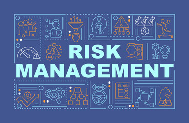 Risk management word concepts dark blue banner. Deal with problems. Infographics with icons on color background. Isolated typography. Vector illustration with text. Arial-Black font used