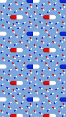 Drawing of images of medical capsules on blue background. Template for applying to surface. medicine. seamless pattern. Vertical image. 3D rendering. 3D image