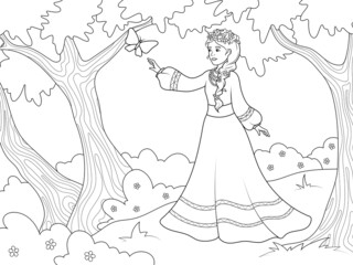 Mavka in the forest. Page outline of cartoon. Vector illustration, coloring book for kids.