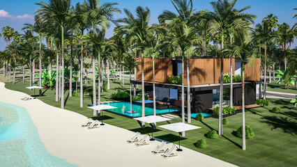 3d rendering of modern cozy house with parking and pool for sale or rent with wood plank facade by the sea or ocean. Sunny day by the azure coast with palm trees and flowers in tropical island