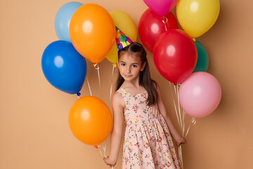 Fototapeta na wymiar Happy Birthday party. Child girl with balloons on beige background