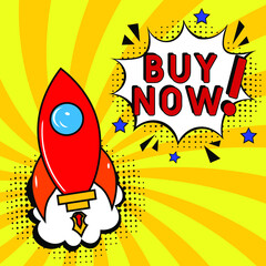Buy now text.  Comic book explosion with text Just now, vector illustration. Sale promotion symbol. Sale Buy now. Vector bright cartoon illustration in retro pop art style. 