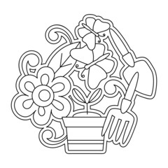 Hand drawn doodle cartoon design of Spring or Summer. Coloring pages. Garden tools, seedlings, butterflies.