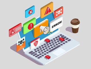 Computer laptop system error alert sign vector