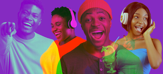 Neon collage for cheerful young african american people having fun
