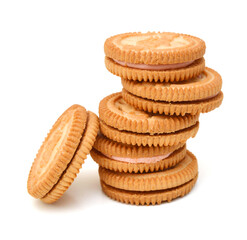Stack of strawberry butter cookies on white background
