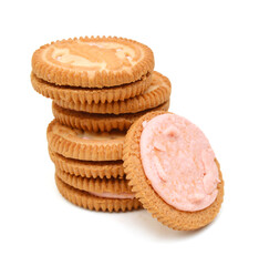 Stack of strawberry butter cookies on white background
