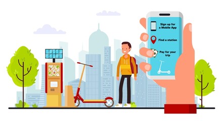 Electric scooter rent mobile app flat vector