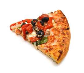 Colorful tasty pizza with olives, pepperoni, ham and pepper, slice removed close-up shot, isolated on a white background