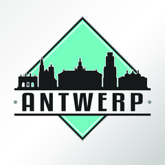Naklejka premium Antwerp Belgium Skyline Logo. Adventure Landscape Design Vector City Illustration.