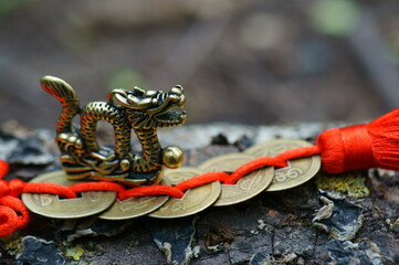Dragon figurine with coins. A symbol of wealth and wisdom.
