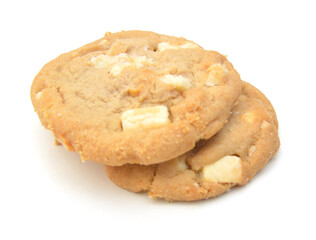 Small stack of macadamia nut and white chocolate cookies. 