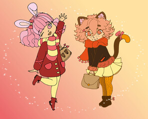 vector illustration with cute cartoon girl, card