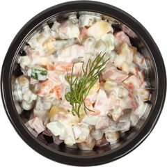 Fresh salad in a disposable round plastic black bowl top view on a white background