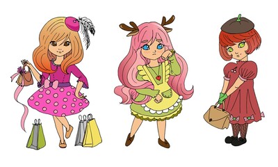 vector set with cute cartoon anime girls, sticker pack. Set of illustration