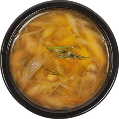 Fresh soup in disposable round plastic black bowl top view on white background