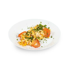 Omelette with tomatoes on a white plate isolated