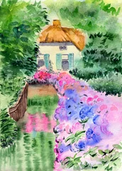 Zelfklevend Fotobehang Watercolor illustration of a village house with a thatched roof, a green garden and flower beds with pink hydrangeas on the bank of a small stream © Мария Тарасова