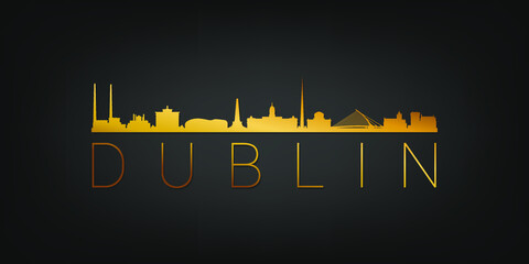 Naklejka premium Dublin, Ireland Gold Skyline City Silhouette Vector. Golden Design Luxury Style Icon Symbols. Travel and Tourism Famous Buildings.