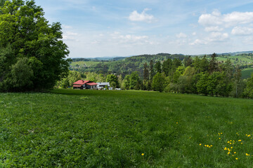 Beautiful Czech landscape near Krkonose with hills, meadows and forests