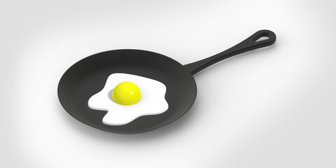 fried egg in a frying pan on a white background. side view of the frying device. chicken egg is cooked in the grill. Banner for insertion into site. 3d image. 3d rendering.