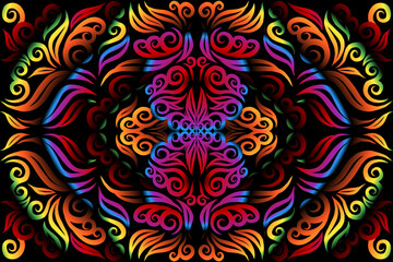 Beautiful glow rainbow colour caleidoscope gradient flower line art pattern wallpaper of indonesian traditional abstract batik  ethnic dayak ornament for commercial  ads