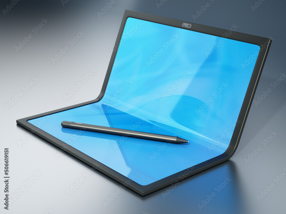 Wall mural tablet computer with foldable screen and pen. 3d illustration