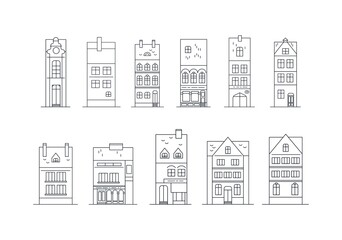 House neighborhood line icons. City street buildings design element. Line style.