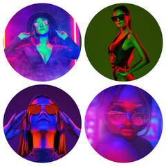 collection portrait of fashion young girls in sunglasses in red and blue neon light in the studio