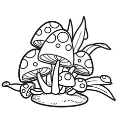 Poisonous fly agaric on moss and grass with dew linear drawing for coloring isolated on white background