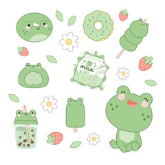 Obraz premium Frog set. Cute frog in kawaii style and different desserts and drinks.