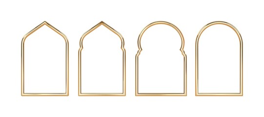 Set arabic golden arch isolated. 3D render islam architecture shape for muslim holidays. Design elements door, frame,window. Realistic vector illustration. - obrazy, fototapety, plakaty