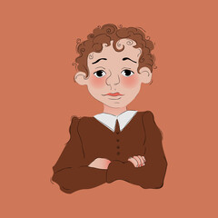 curly boy with crossed arms in a brown sweater with a white collar