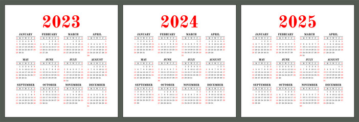 Calendar 2023, 2024 and 2025 years. Square vector calender design template. English set. Week starts on Sunday