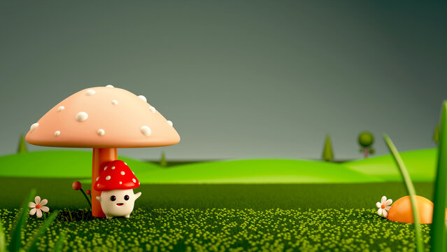 3D Rendering Mushroom And Flowers On Green Blurred Nature View Background.