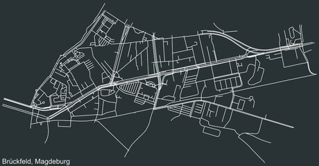 Detailed negative navigation white lines urban street roads map of the BRÜCKFELD DISTRICT of the German regional capital city of Magdeburg, Germany on dark gray background