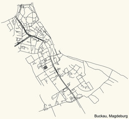 Detailed navigation black lines urban street roads map of the BUCKAU DISTRICT of the German regional capital city of Magdeburg, Germany on vintage beige background