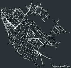 Detailed negative navigation white lines urban street roads map of the CRACAU DISTRICT of the German regional capital city of Magdeburg, Germany on dark gray background