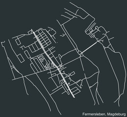 Detailed negative navigation white lines urban street roads map of the FERMERSLEBEN DISTRICT of the German regional capital city of Magdeburg, Germany on dark gray background