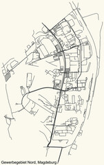 Detailed navigation black lines urban street roads map of the GEWERBEGEBIET NORD DISTRICT of the German regional capital city of Magdeburg, Germany on vintage beige background