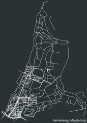 Detailed negative navigation white lines urban street roads map of the HERRENKRUG DISTRICT of the German regional capital city of Magdeburg, Germany on dark gray background