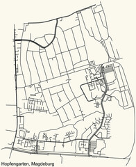 Detailed navigation black lines urban street roads map of the HOPFENGARTEN DISTRICT of the German regional capital city of Magdeburg, Germany on vintage beige background