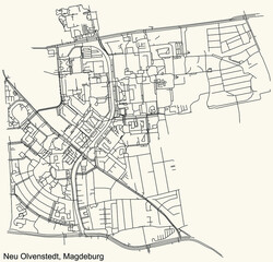 Detailed navigation black lines urban street roads map of the NEU OLVENSTEDT DISTRICT of the German regional capital city of Magdeburg, Germany on vintage beige background