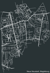 Detailed negative navigation white lines urban street roads map of the NEUE NEUSTADT DISTRICT of the German regional capital city of Magdeburg, Germany on dark gray background