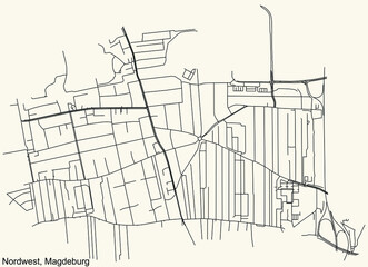 Detailed navigation black lines urban street roads map of the NORDWEST DISTRICT of the German regional capital city of Magdeburg, Germany on vintage beige background