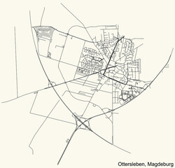Detailed navigation black lines urban street roads map of the OTTERSLEBEN DISTRICT of the German regional capital city of Magdeburg, Germany on vintage beige background